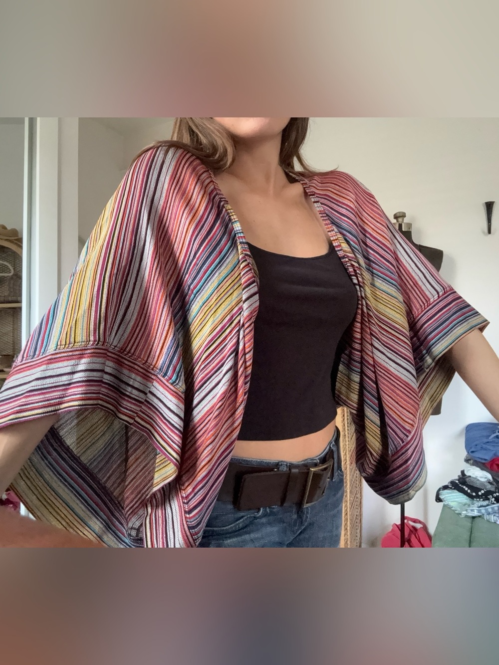 Trina Turk Boho Multicolor Striped Knit Kimono Open Front Cardigan XS/S